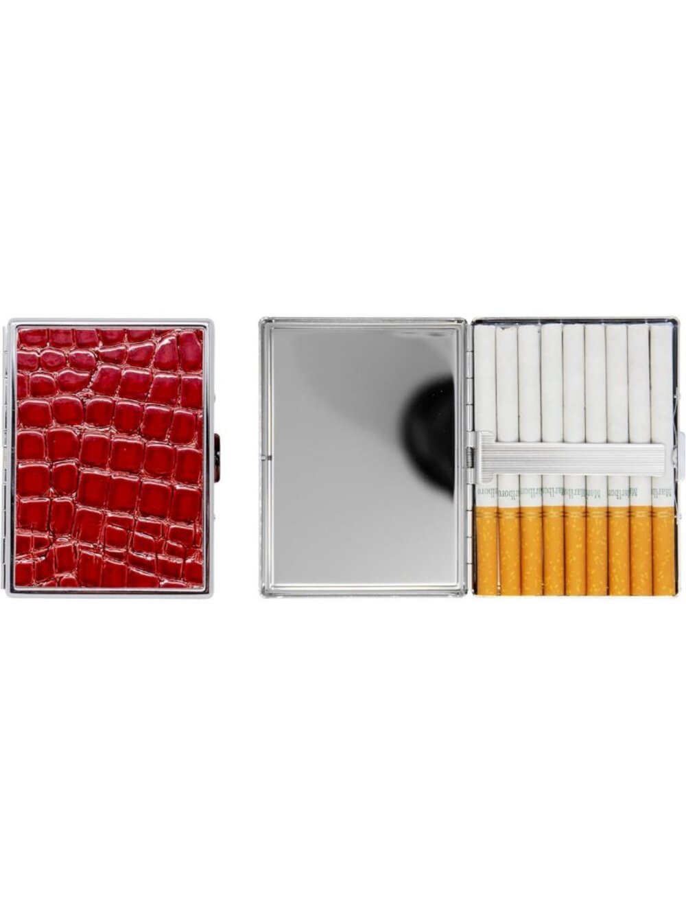 Set of 2 Ultra Compact Metal-Plated Cigarette Cases with Insert - Red Crocodile